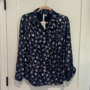 NY Collection Navy Blouse with Silver Geometric Print